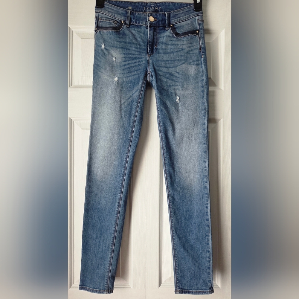 WHBM Light Blue Women's Slim Jeans With Faux Leather Trim Size 00 - Picture 3 of 16